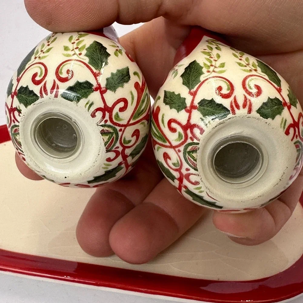 Red Cardinal Bird Ceramic Salt and Pepper Shaker Set with Tray Christmas Holly
